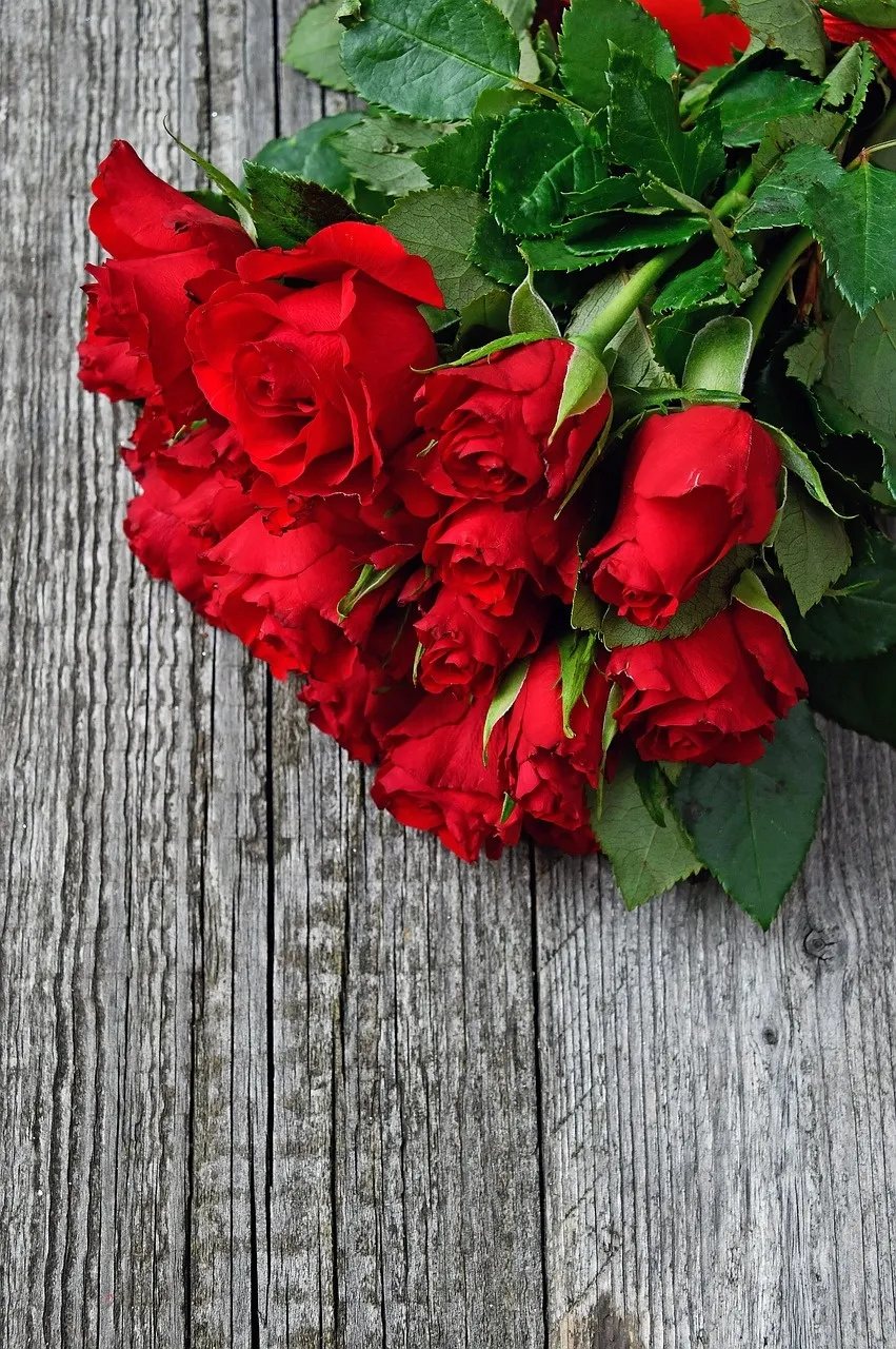 Ramo de rosas rojas sobre madera